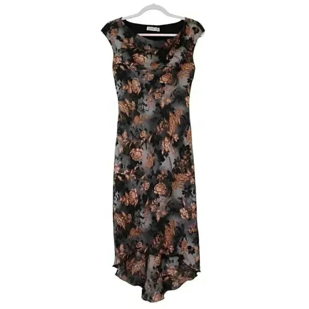 Vintage 90s Y2K Dress Size Small Chiffon Floral Cowl Neck Draped Maxi Flowy